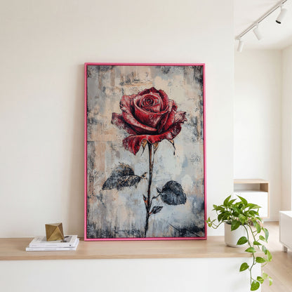 Red Rose Canvas Print with Textured Taupe Background in pink floating frame