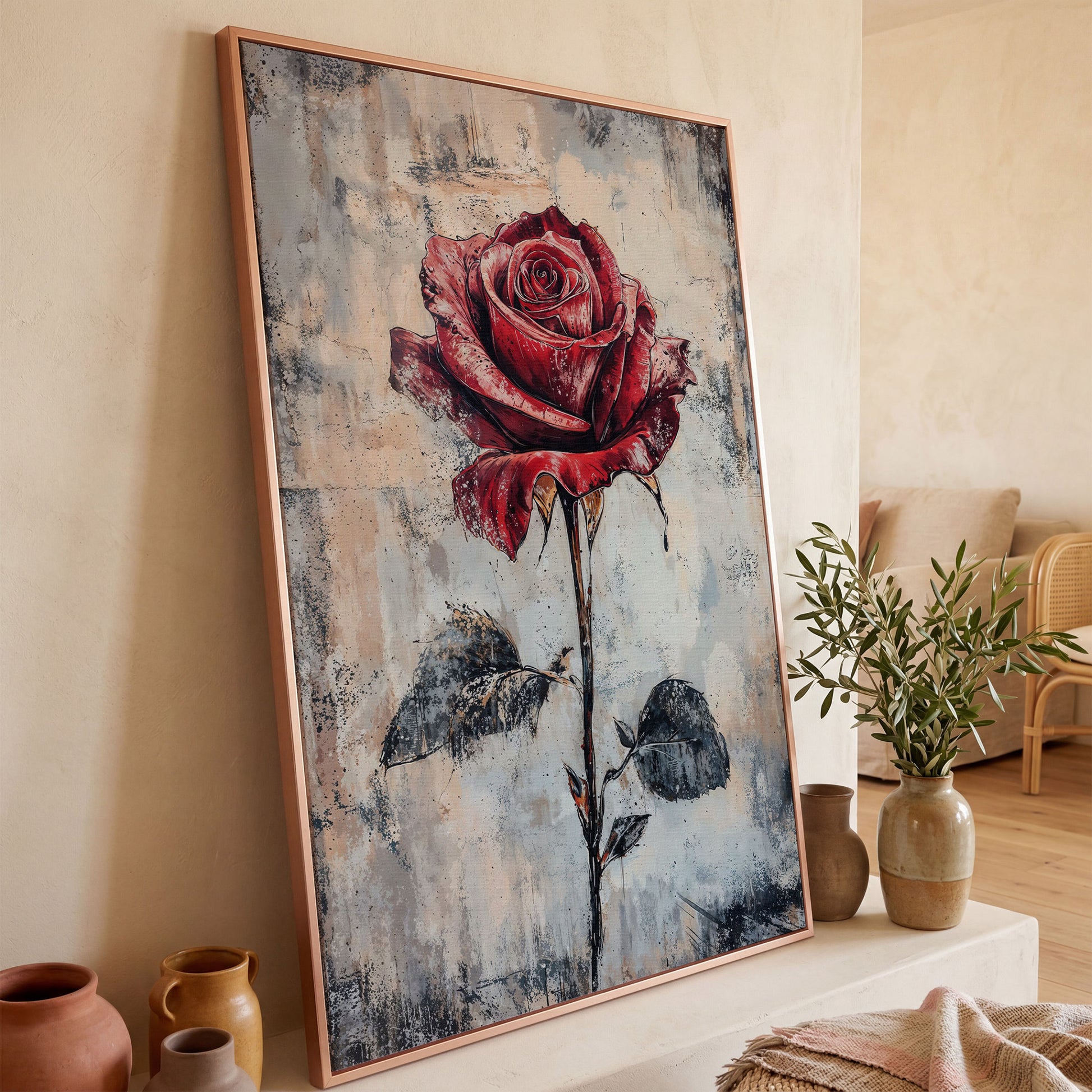Red Rose Canvas Print with Textured Taupe Background in rose gold floating frame