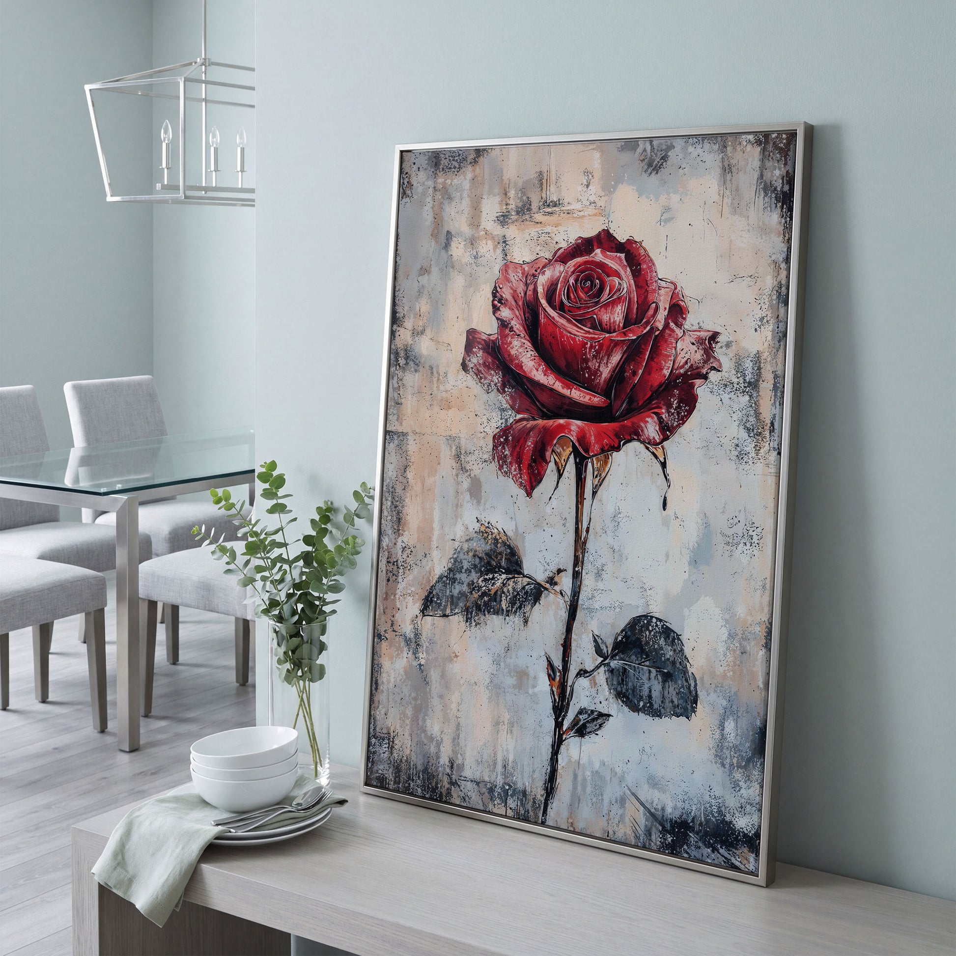 Red Rose Canvas Print with Textured Taupe Background in silver floating frame