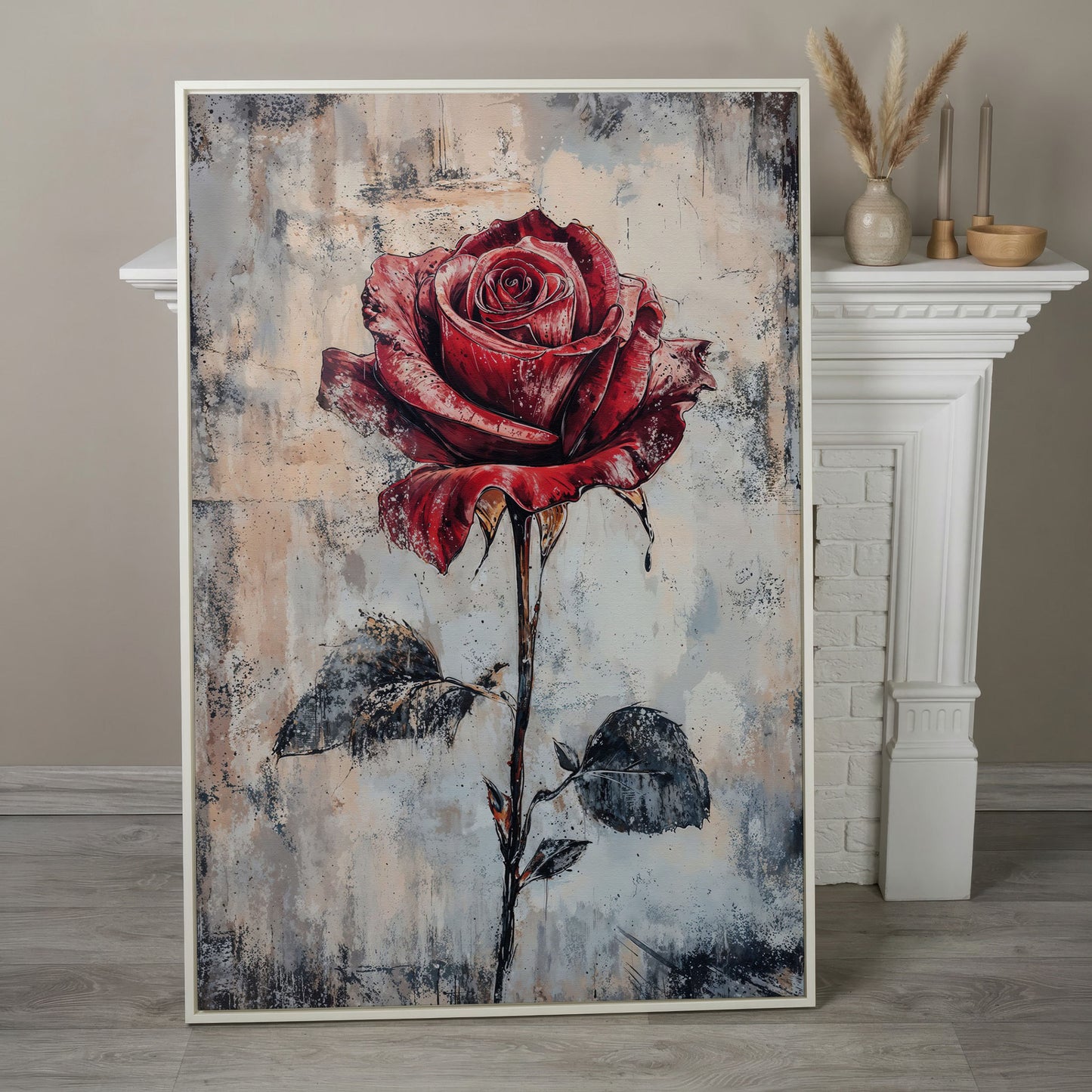 Red Rose Canvas Print with Textured Taupe Background in white floating frame