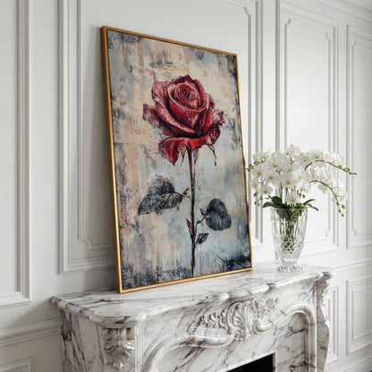 Red Rose Canvas Print with Textured Taupe Background in yellow gold floating frame