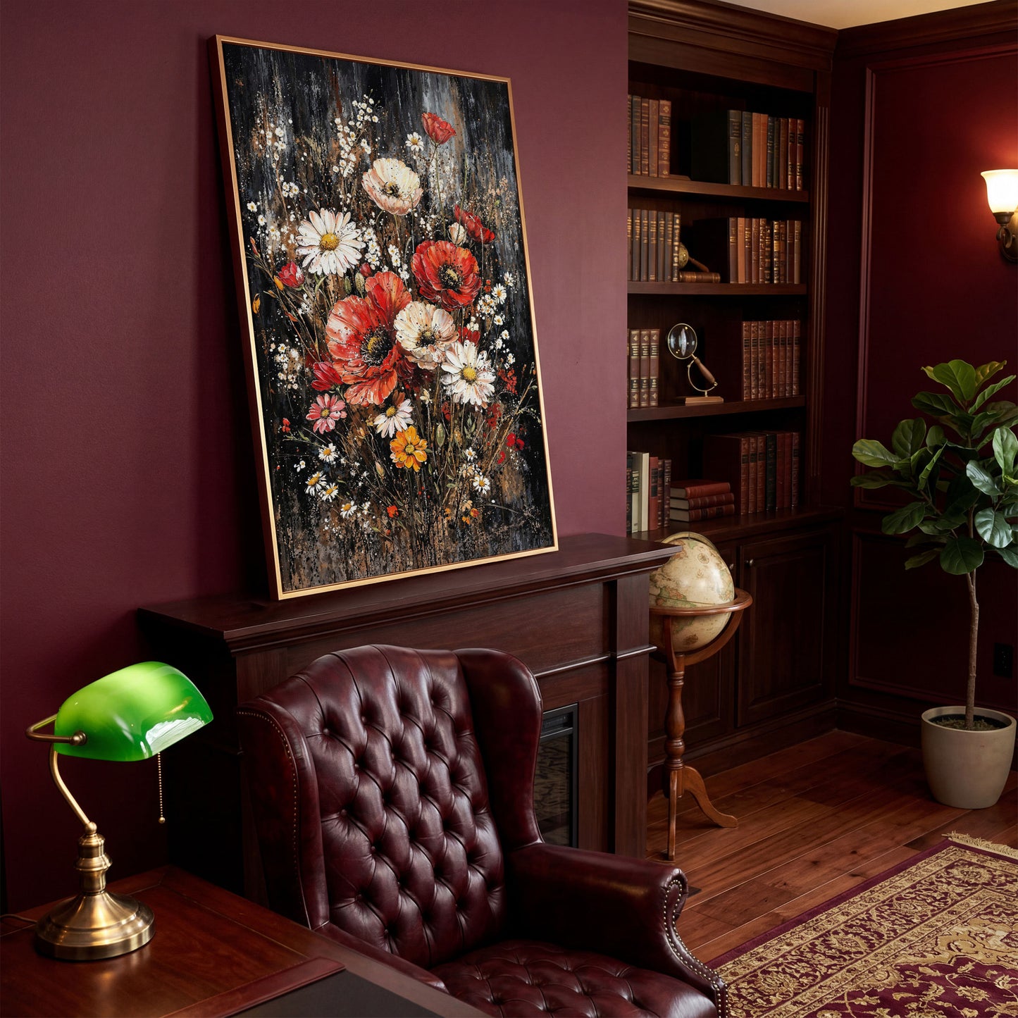 Botanical Floral Birds Canvas Print in antique gold floating frame