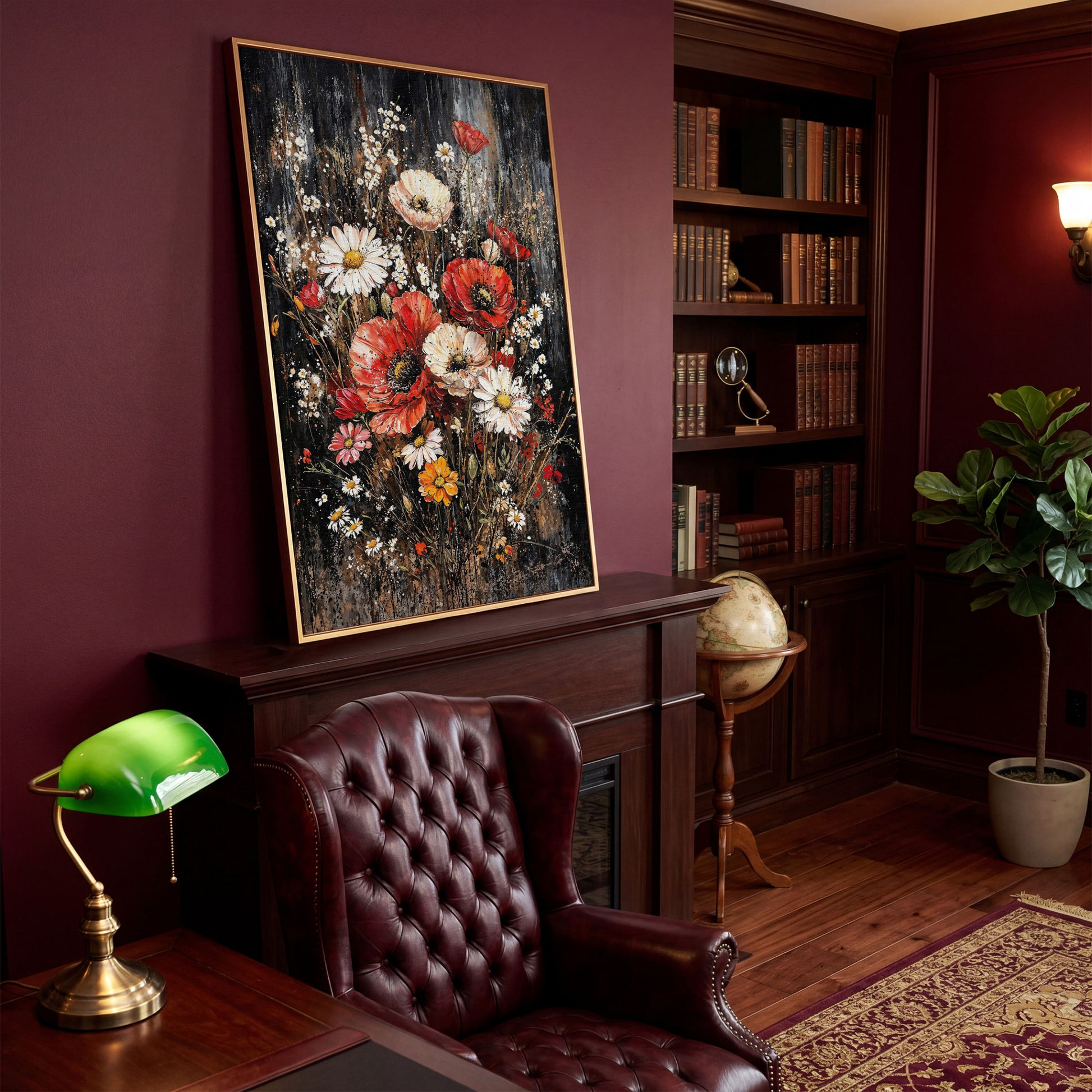 Botanical Floral Birds Canvas Print in antique gold floating frame