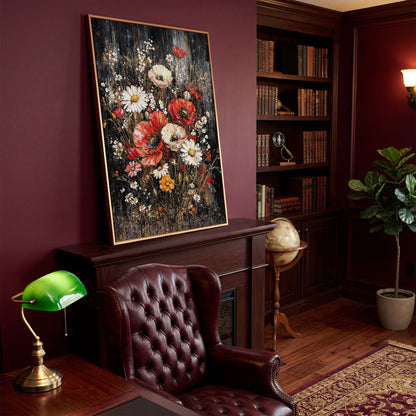 Botanical Floral Birds Canvas Print in antique gold floating frame