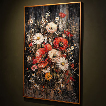 Botanical Floral Birds Canvas Print shown in antique gold floating frame