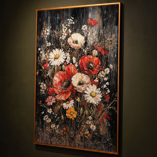 Botanical Floral Birds Canvas Print shown in antique gold floating frame