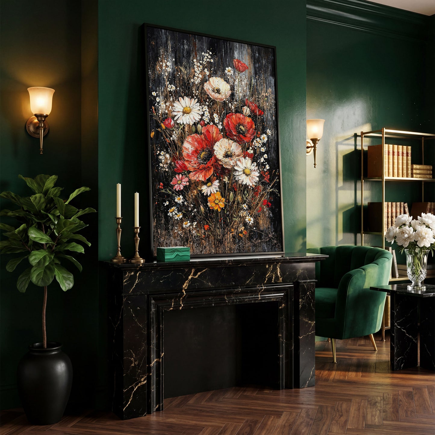 Botanical Floral Birds Canvas Print in black floating frame
