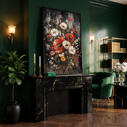 Botanical Floral Birds Canvas Print in black floating frame