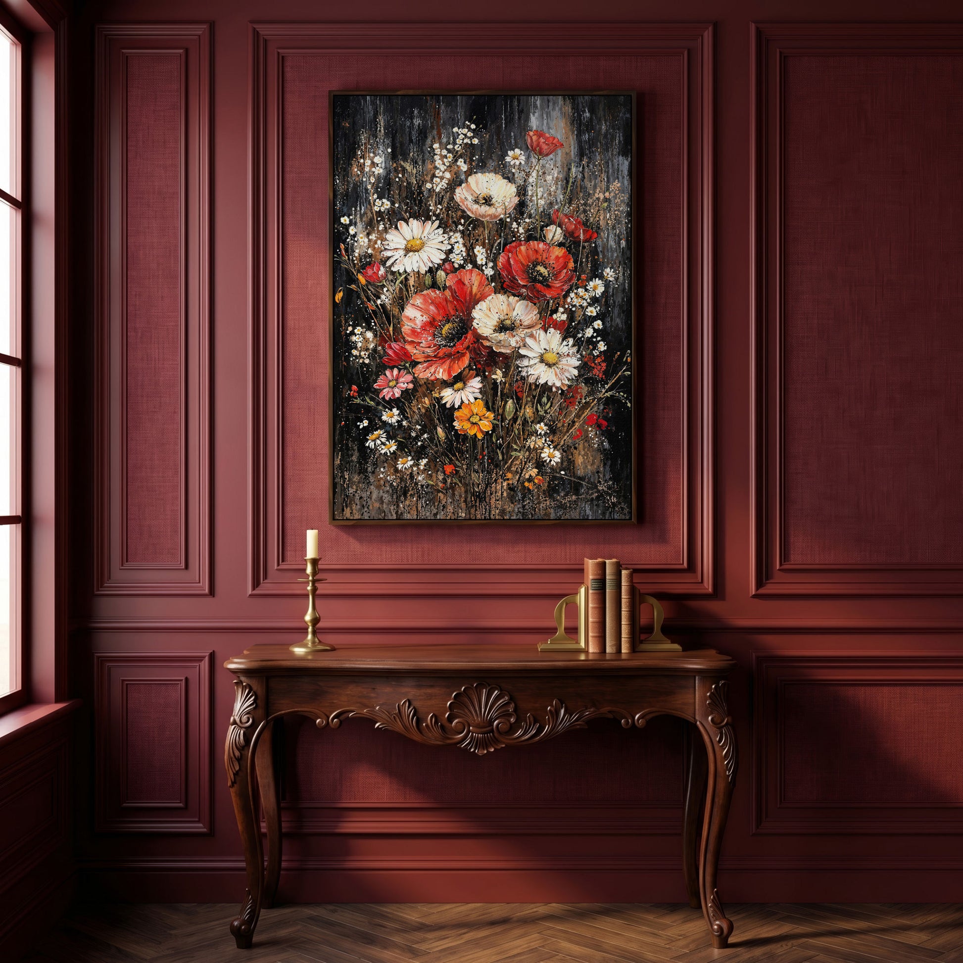 Botanical Floral Birds Canvas Print in dark walnut floating frame