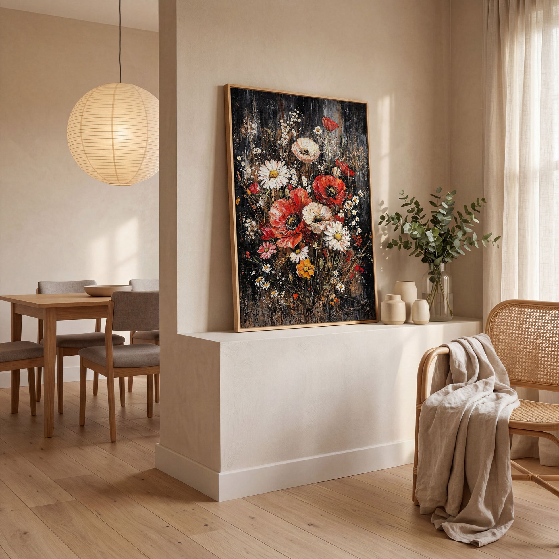 Botanical Floral Birds Canvas Print in white oak floating frame