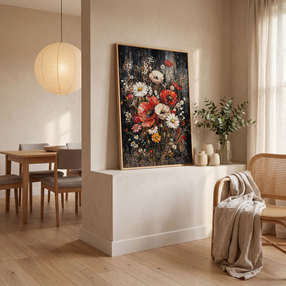 Botanical Floral Birds Canvas Print in white oak floating frame