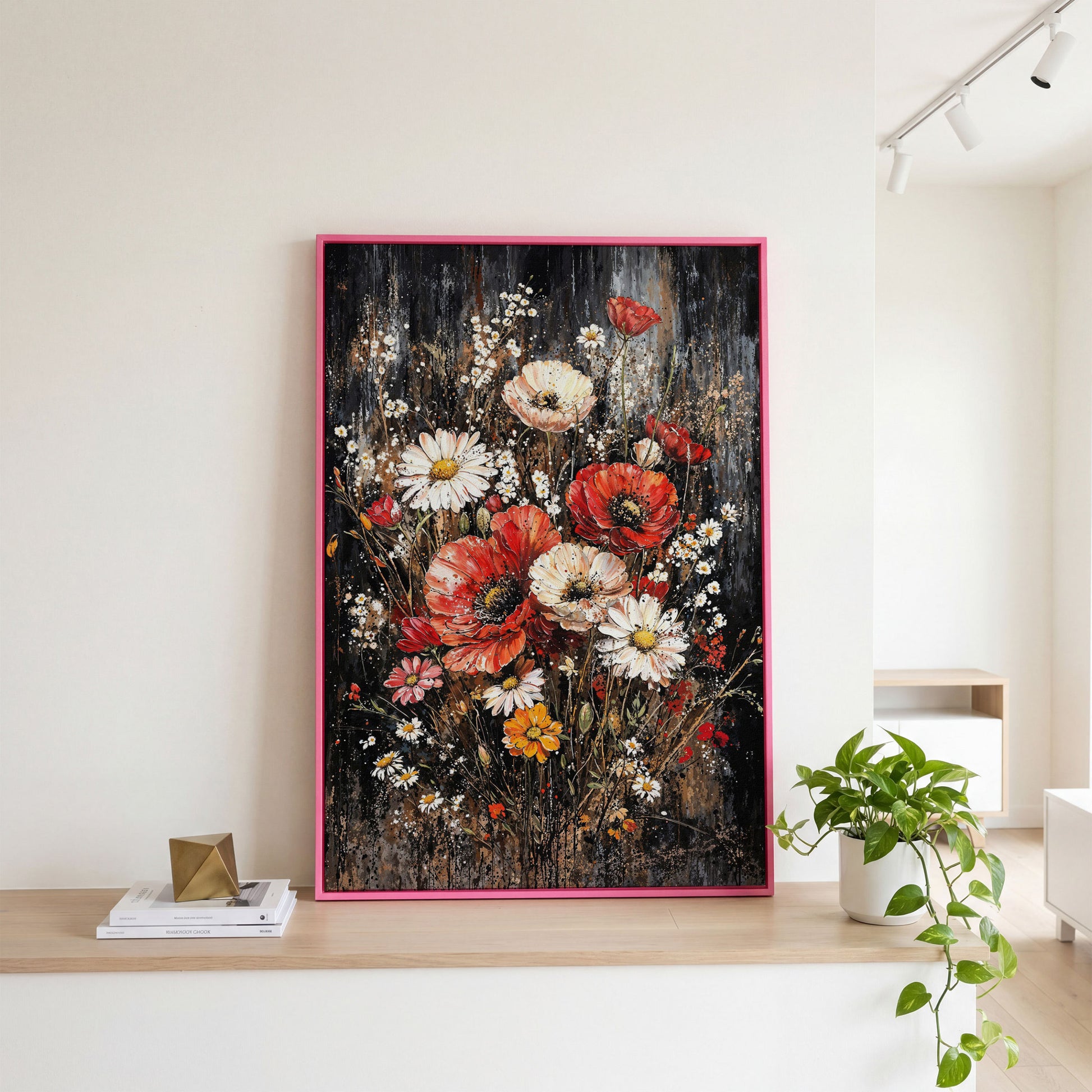 Botanical Floral Birds Canvas Print in pink floating frame