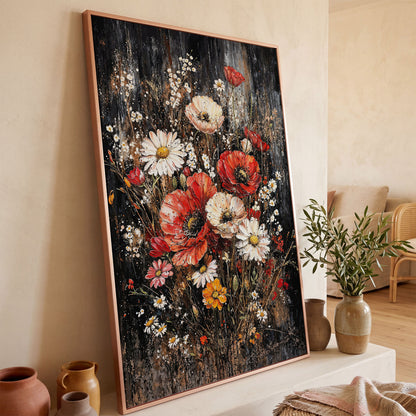 Botanical Floral Birds Canvas Print in rose gold floating frame