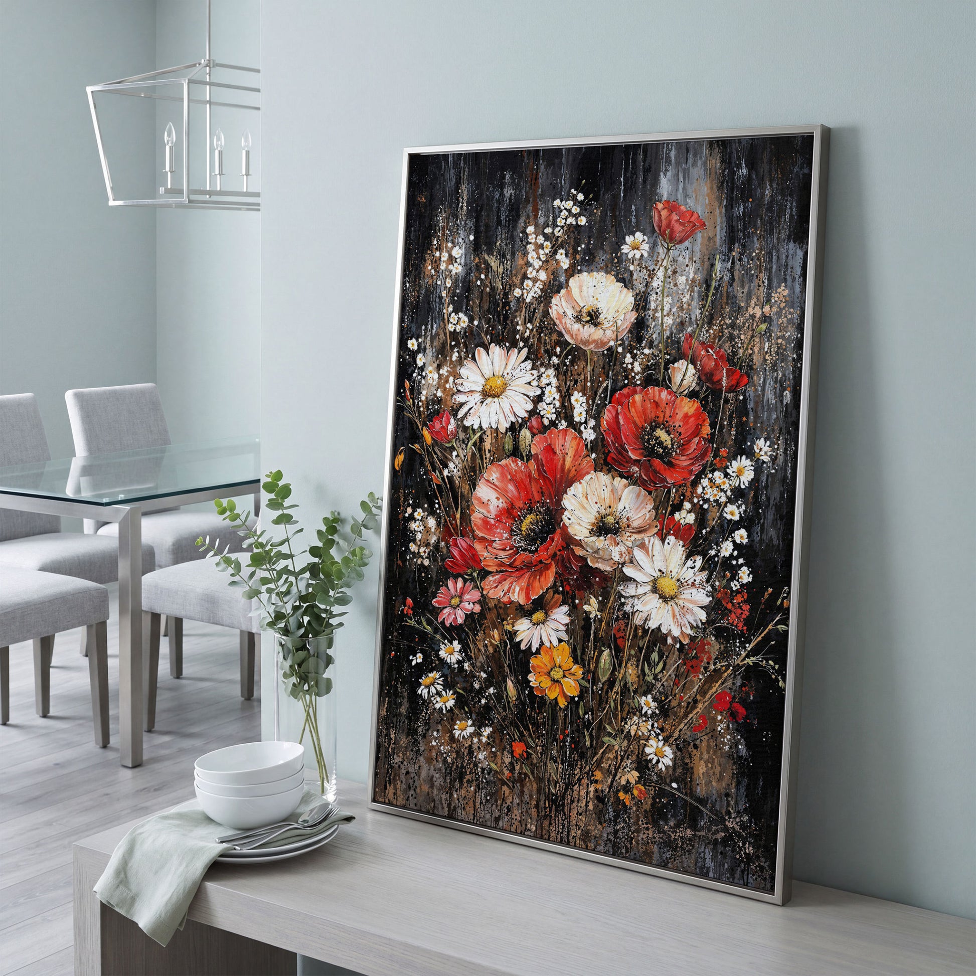Botanical Floral Birds Canvas Print in silver floating frame