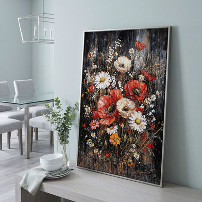 Botanical Floral Birds Canvas Print in silver floating frame