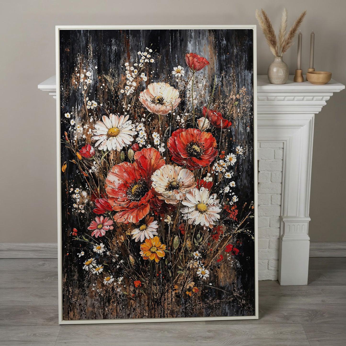 Botanical Floral Birds Canvas Print in white floating frame