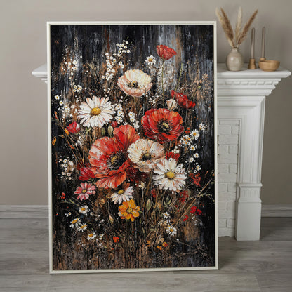 Botanical Floral Birds Canvas Print in white floating frame