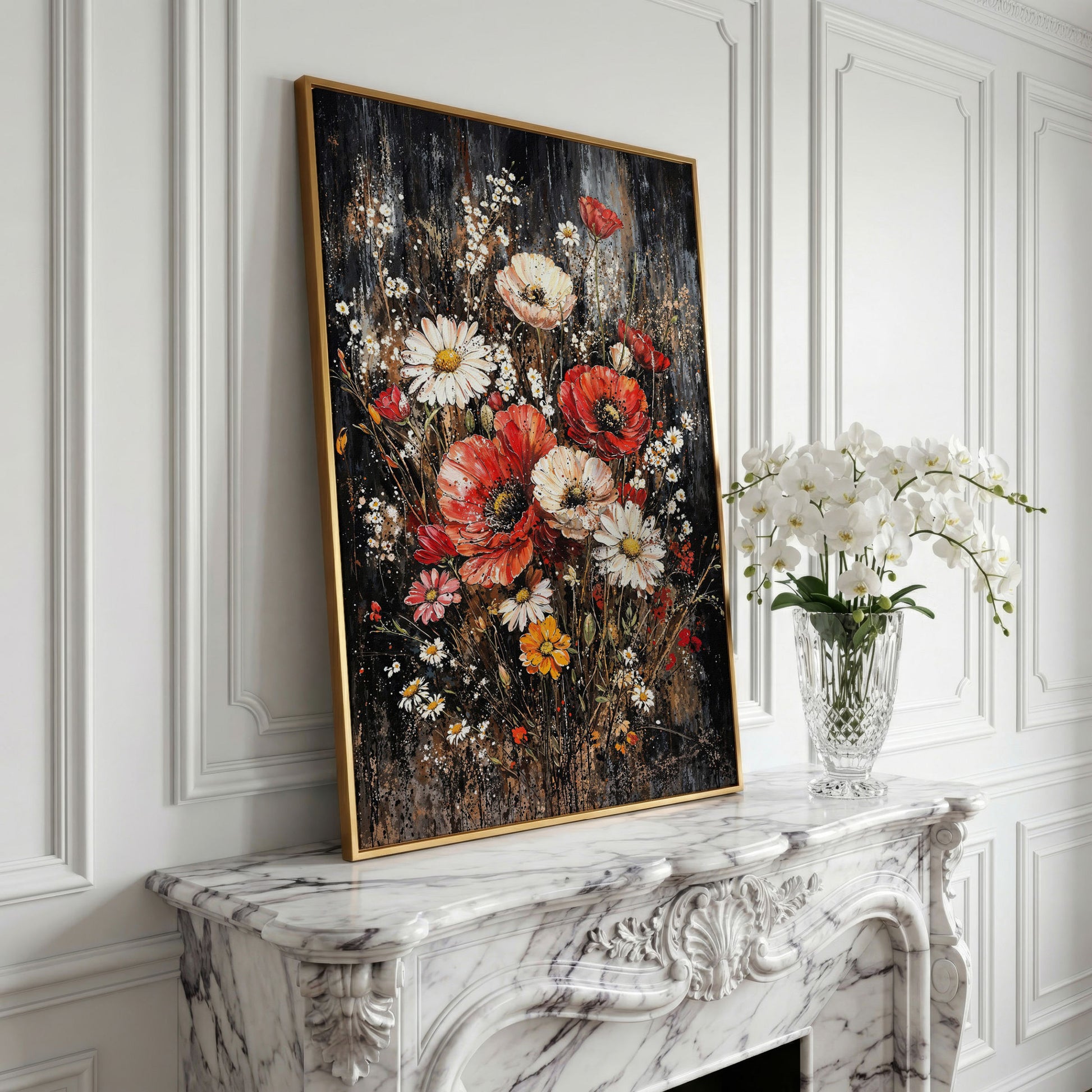Botanical Floral Birds Canvas Print in yellow gold floating frame