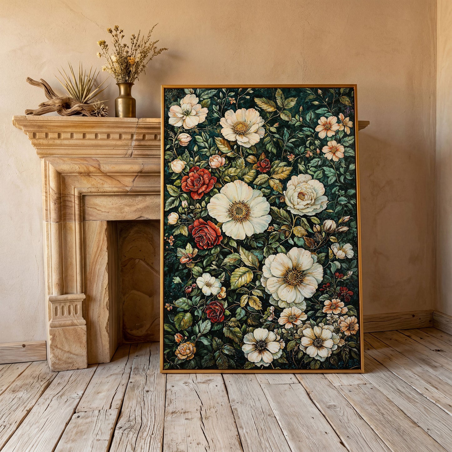 William Morris Floral Canvas Print. Forest Green & Roses in antique gold floating frame
