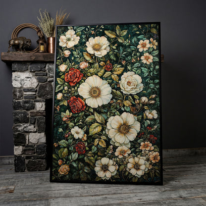 William Morris Floral Canvas Print. Forest Green & Roses in black floating frame