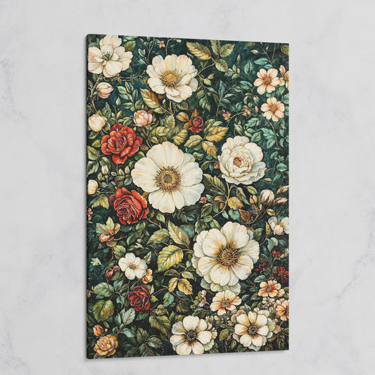 William Morris Floral Canvas Print. Forest Green & Roses on gallery wrap