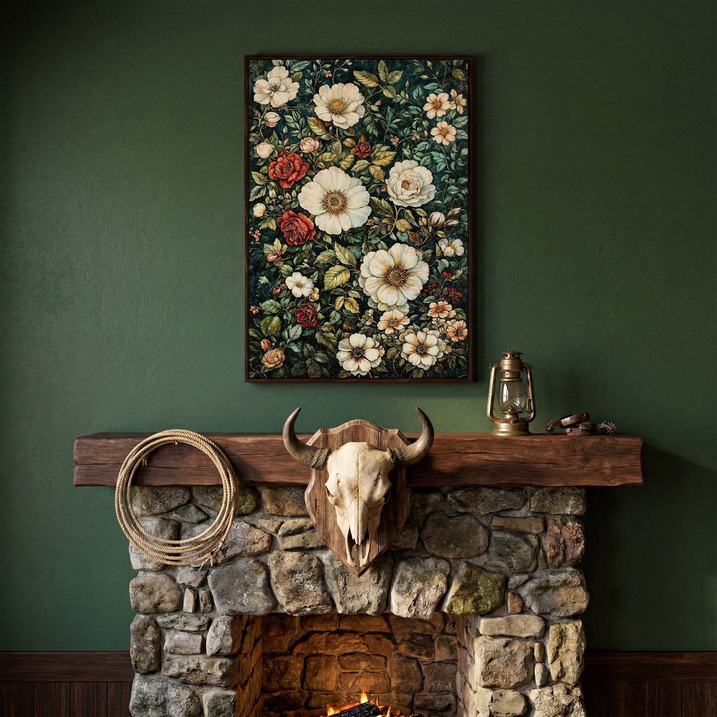 William Morris Floral Canvas Print. Forest Green & Roses in dark walnut floating frame