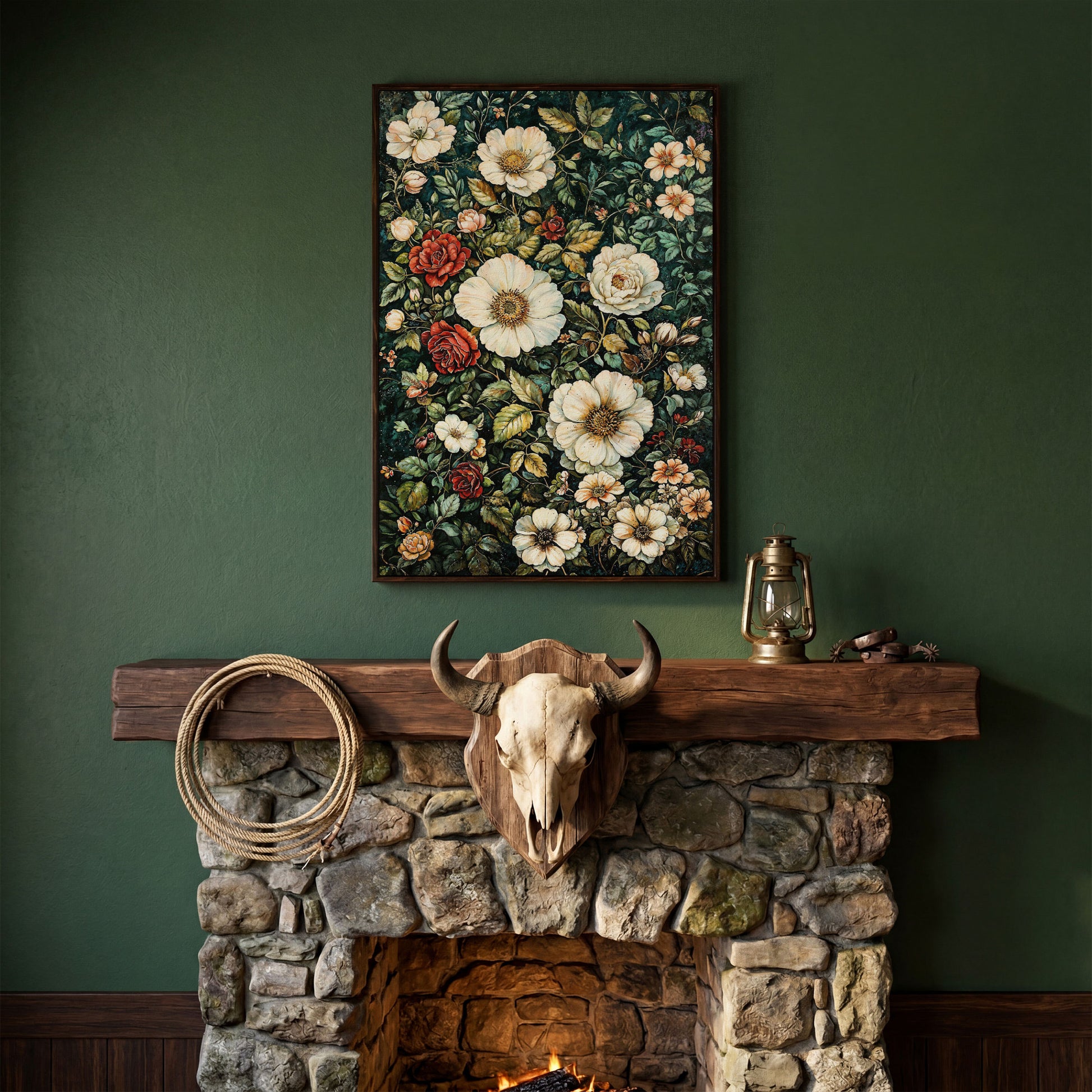 William Morris Floral Canvas Print. Forest Green & Roses in dark walnut floating frame