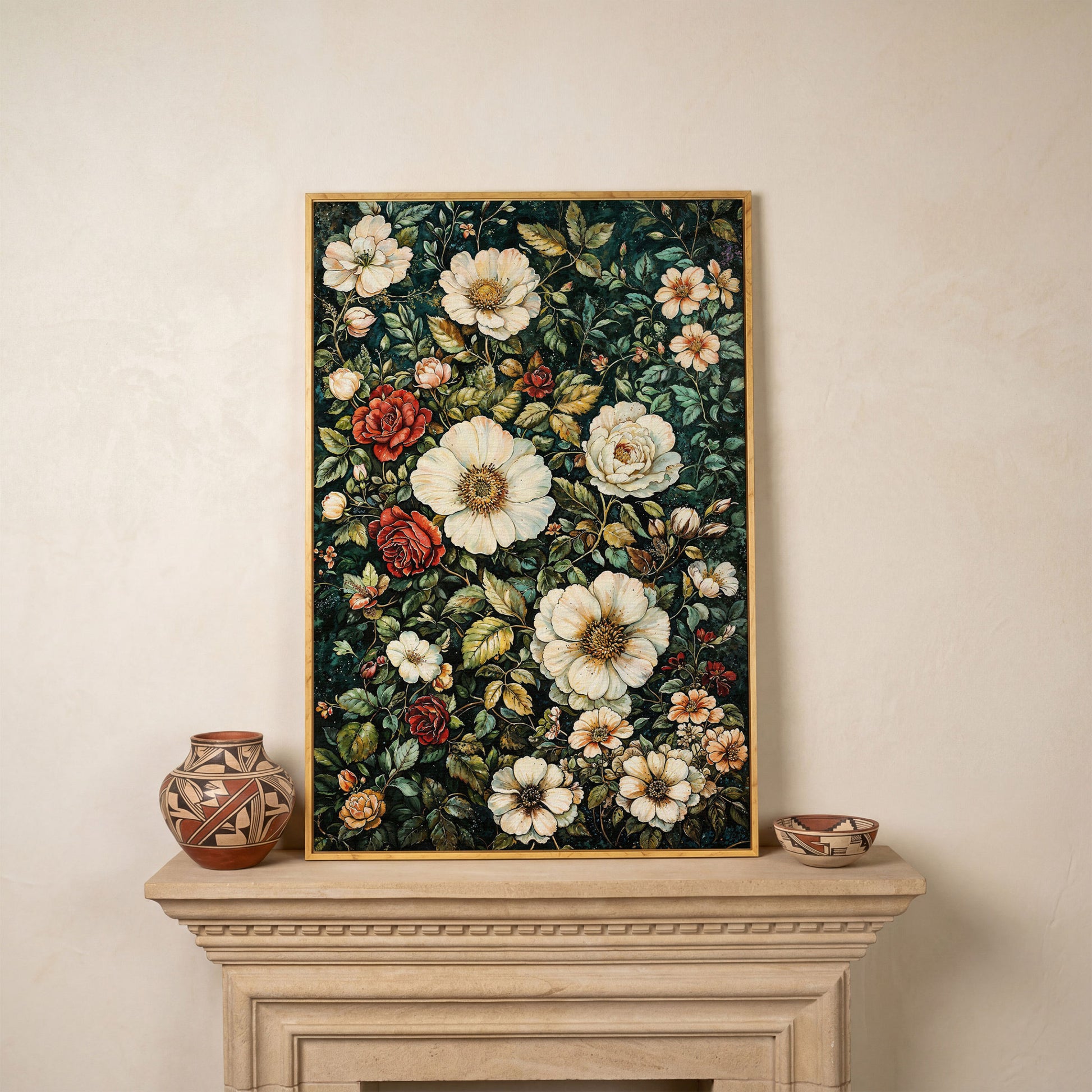 William Morris Floral Canvas Print. Forest Green & Roses in white oak floating frame