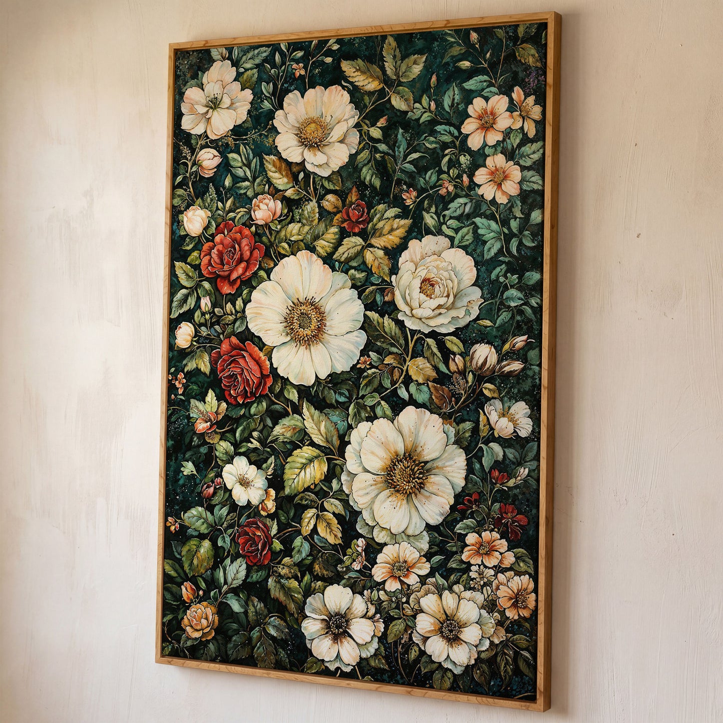 William Morris Floral Canvas Print. Forest Green & Roses shown in white oak floating frame