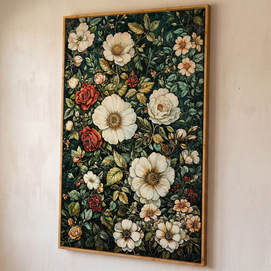 William Morris Floral Canvas Print. Forest Green & Roses shown in white oak floating frame