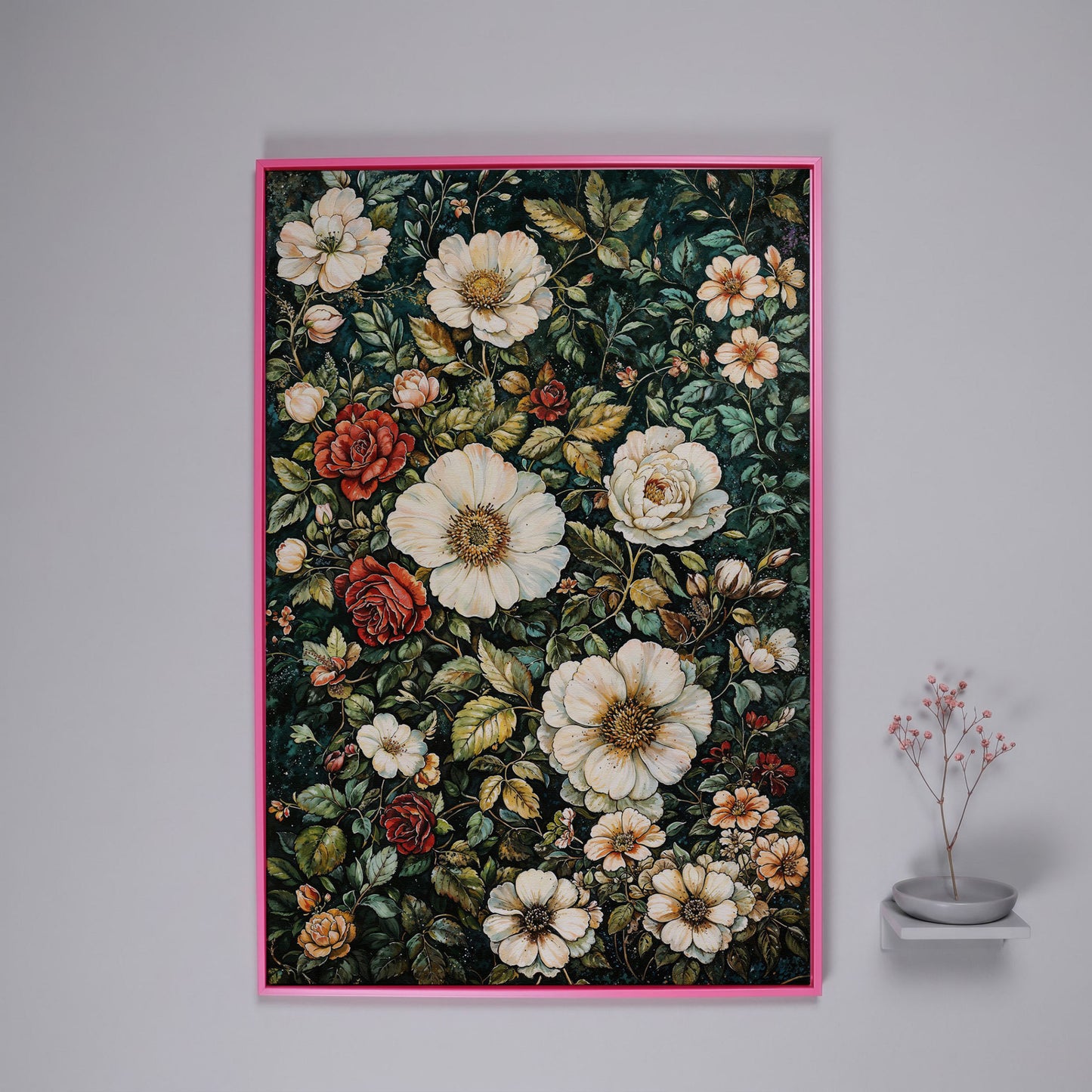 William Morris Floral Canvas Print. Forest Green & Roses in pink floating frame