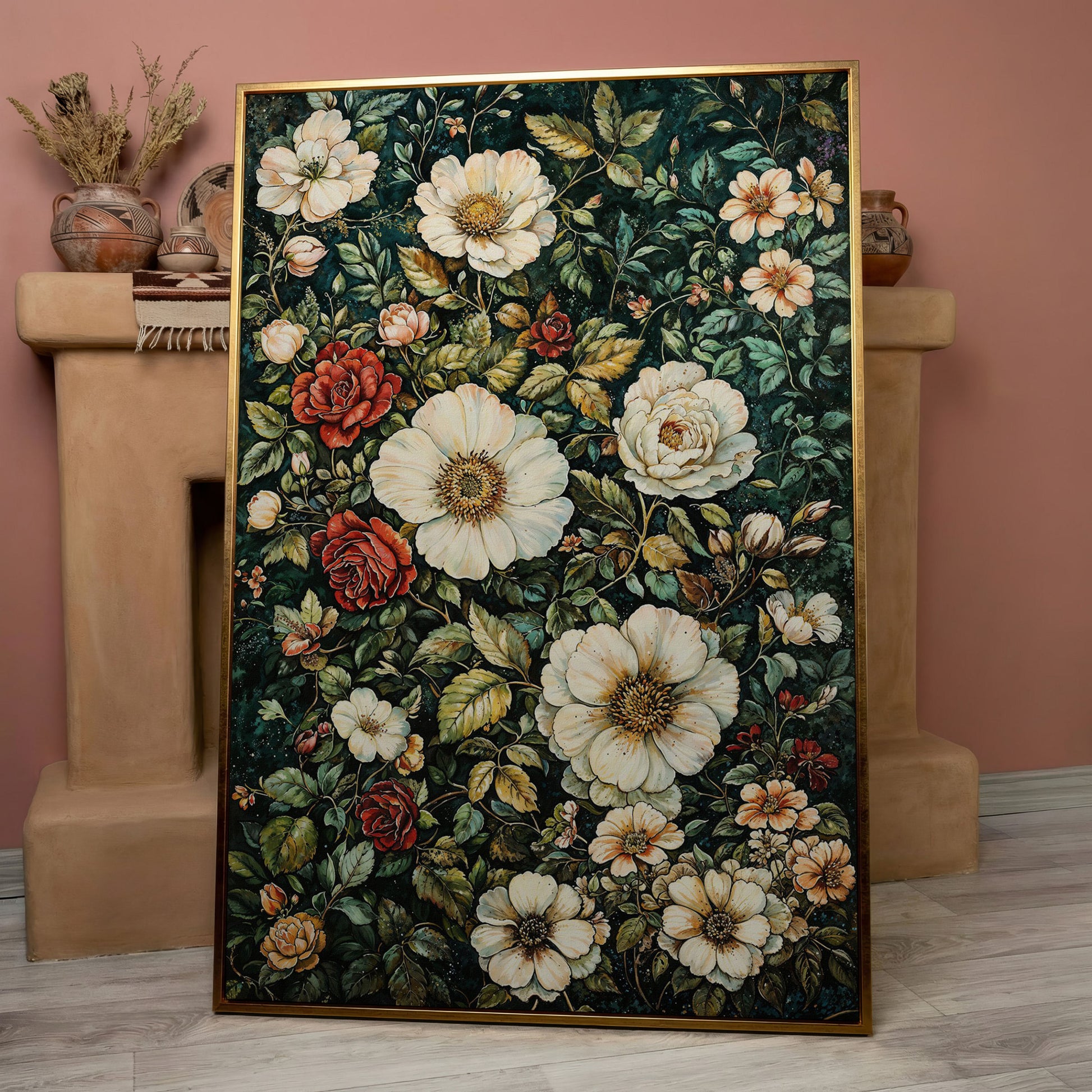 William Morris Floral Canvas Print. Forest Green & Roses in rose gold floating frame