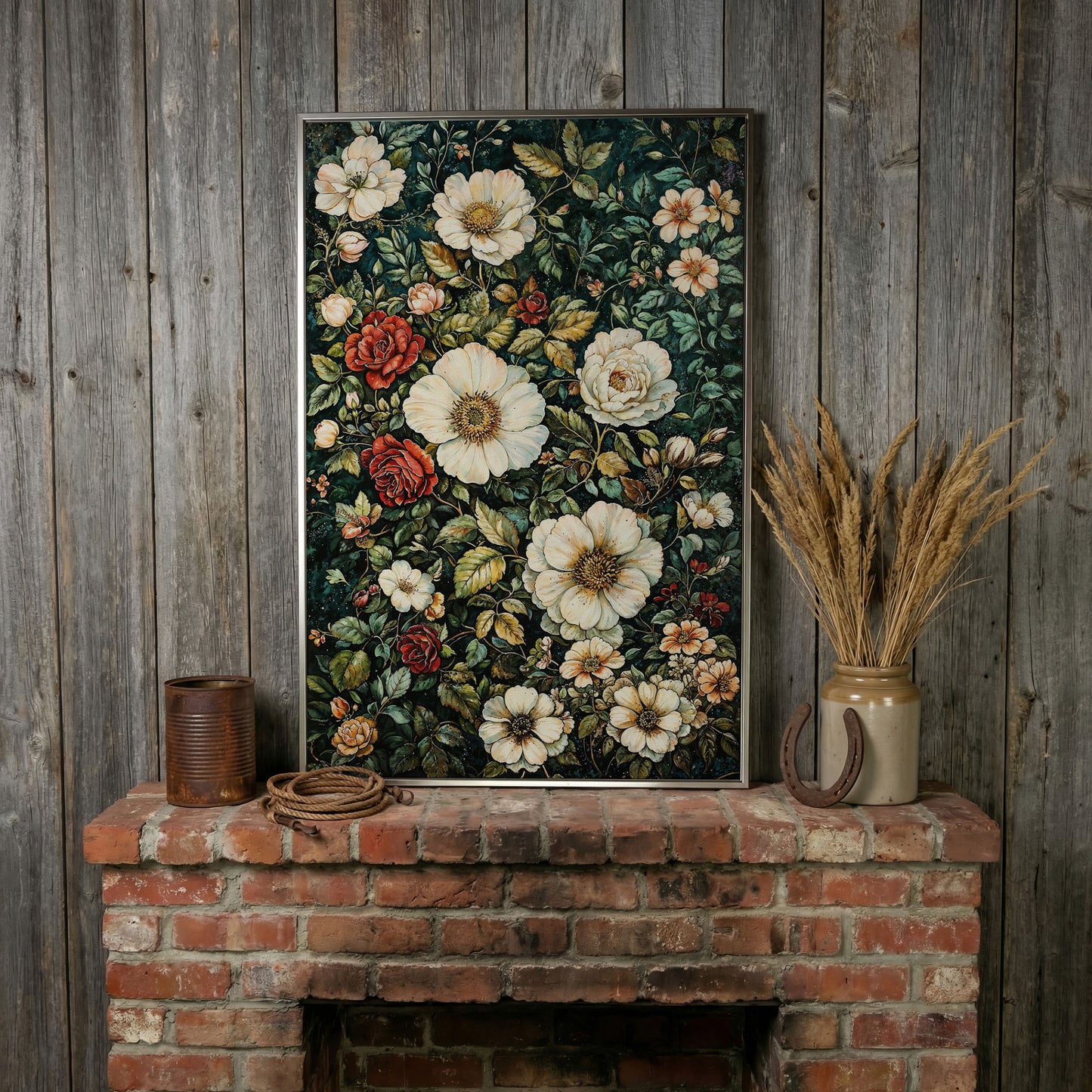 William Morris Floral Canvas Print. Forest Green & Roses in silver floating frame