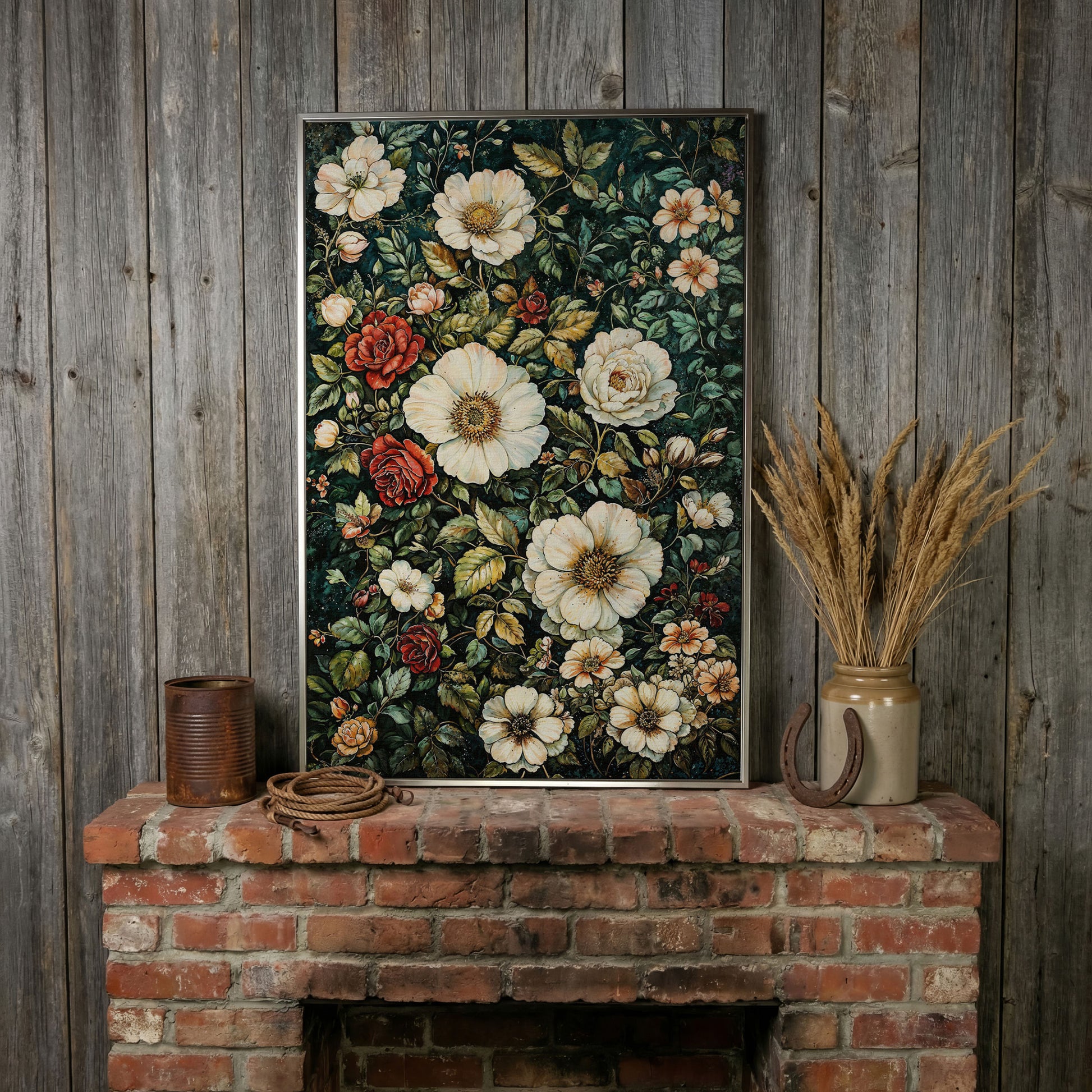 William Morris Floral Canvas Print. Forest Green & Roses in silver floating frame