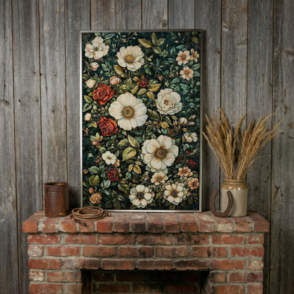 William Morris Floral Canvas Print. Forest Green & Roses in silver floating frame