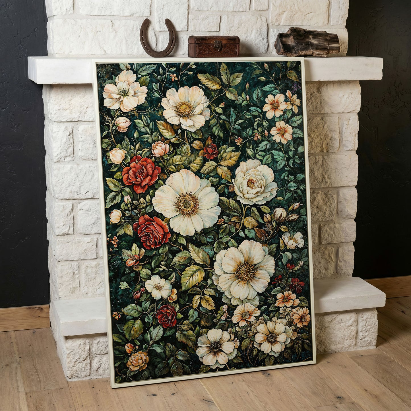 William Morris Floral Canvas Print. Forest Green & Roses in white floating frame