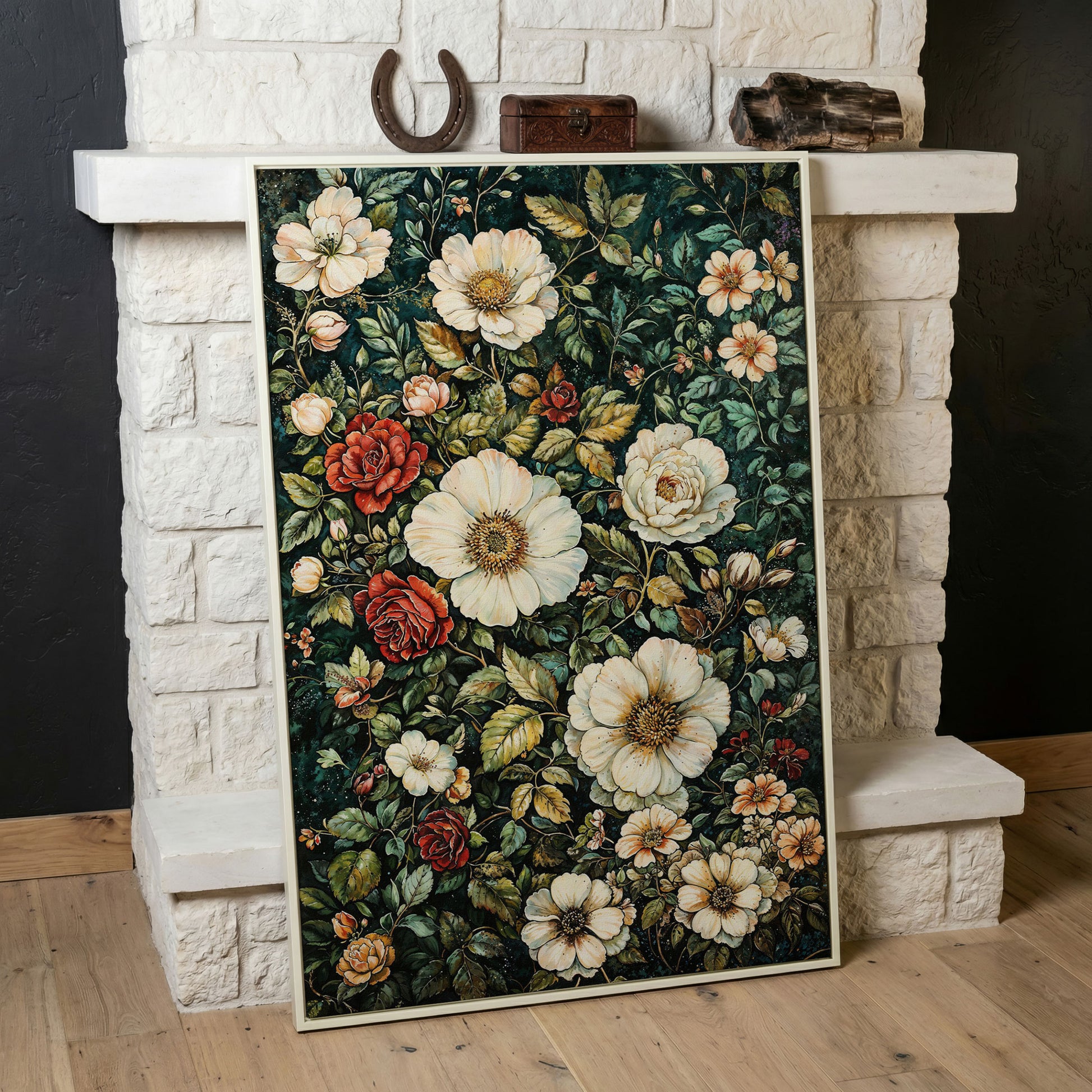William Morris Floral Canvas Print. Forest Green & Roses in white floating frame