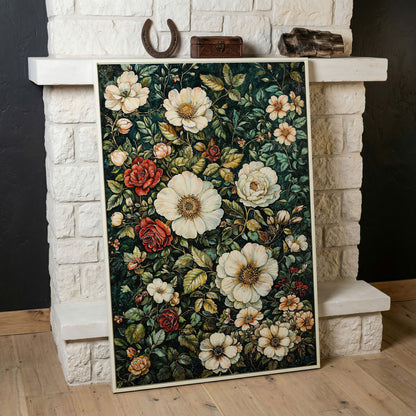 William Morris Floral Canvas Print. Forest Green & Roses in white floating frame