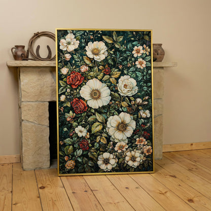 William Morris Floral Canvas Print. Forest Green & Roses in yellow gold floating frame