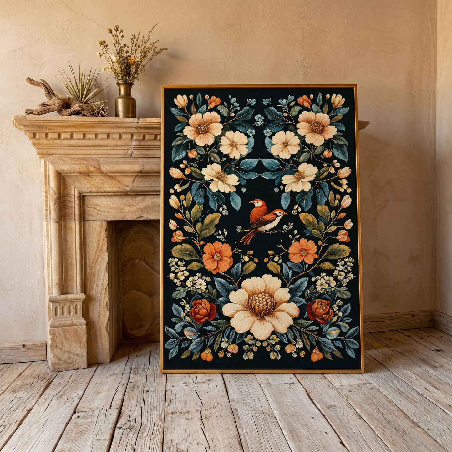Botanical Bird and Floral Canvas Print in antique gold floating frame