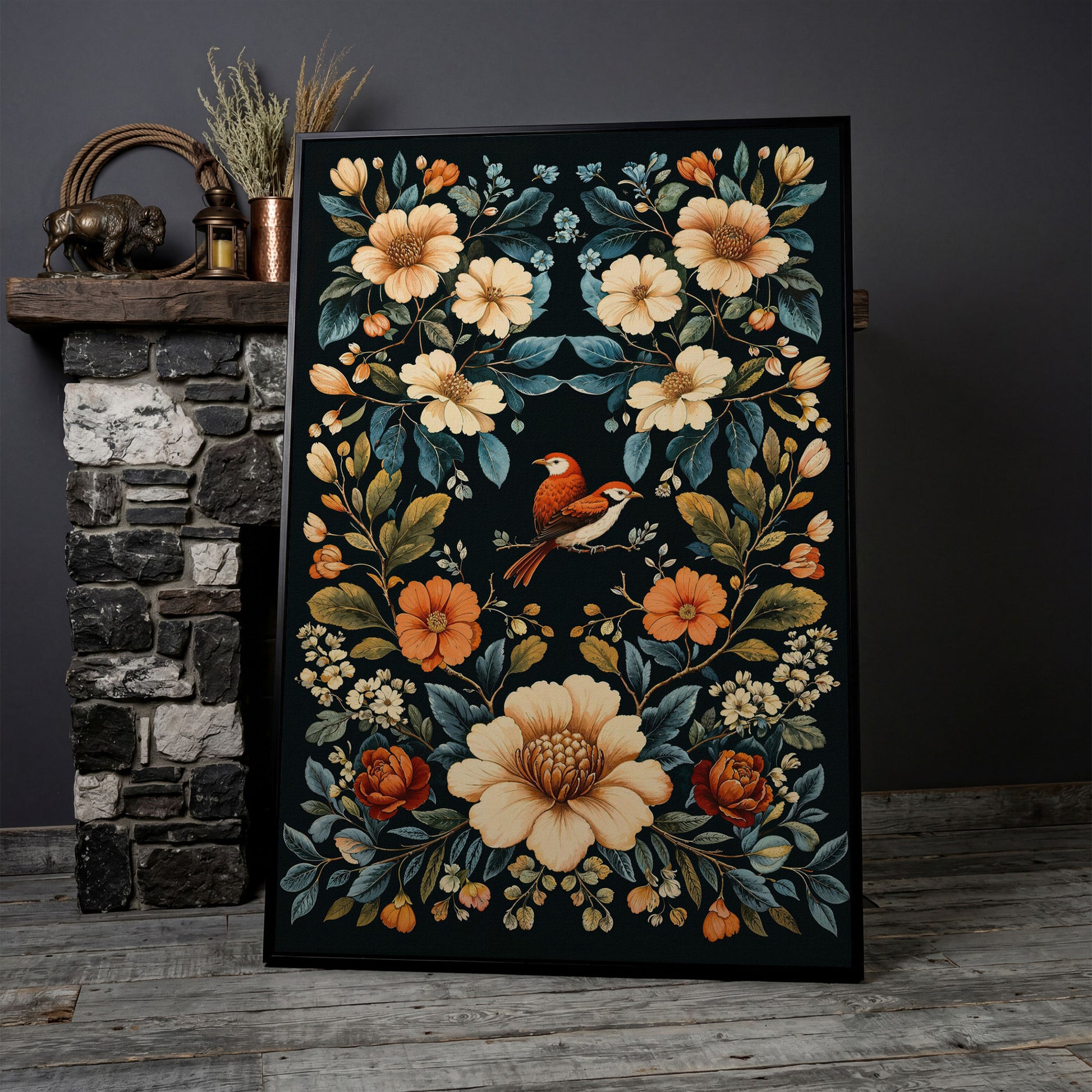 Botanical Bird and Floral Canvas Print in black floating frame