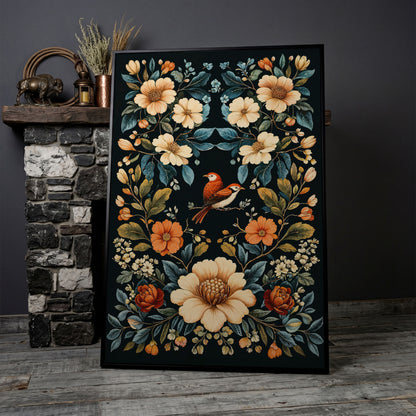 Botanical Bird and Floral Canvas Print in black floating frame