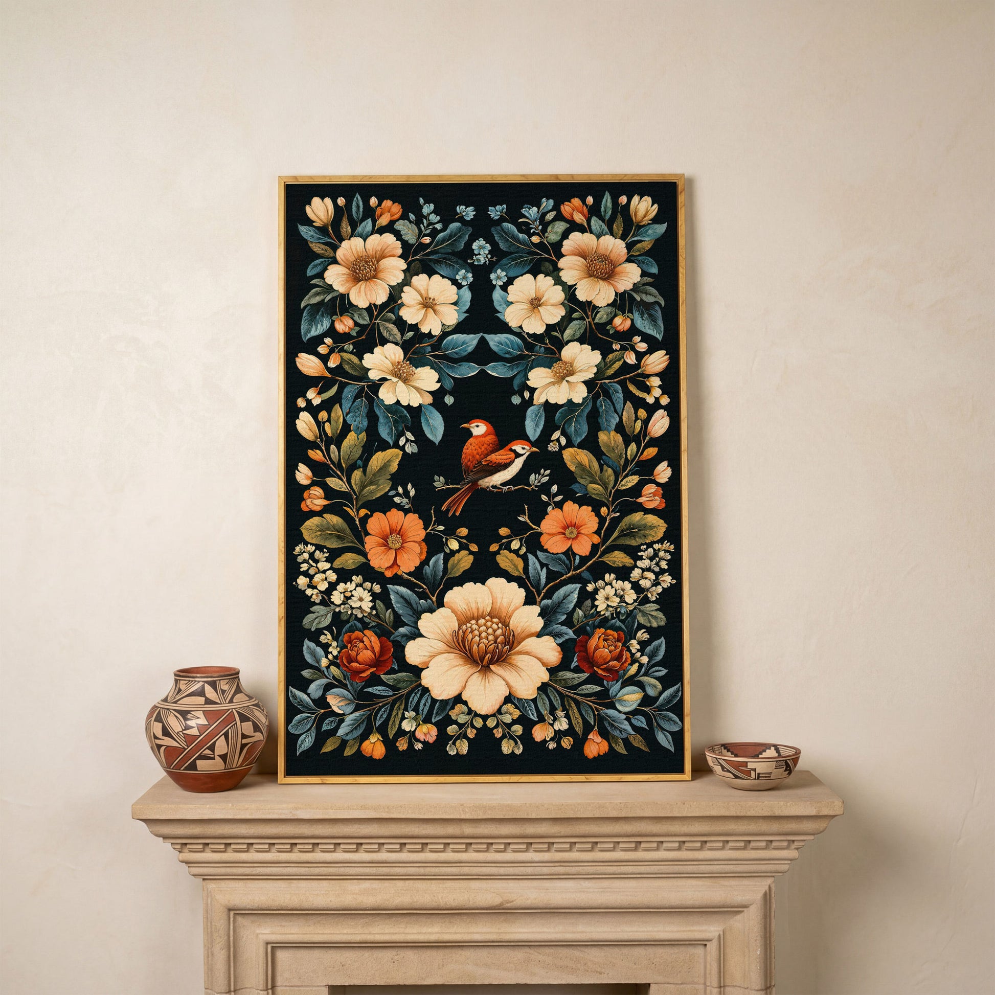 Botanical Bird and Floral Canvas Print in white oak floating frame