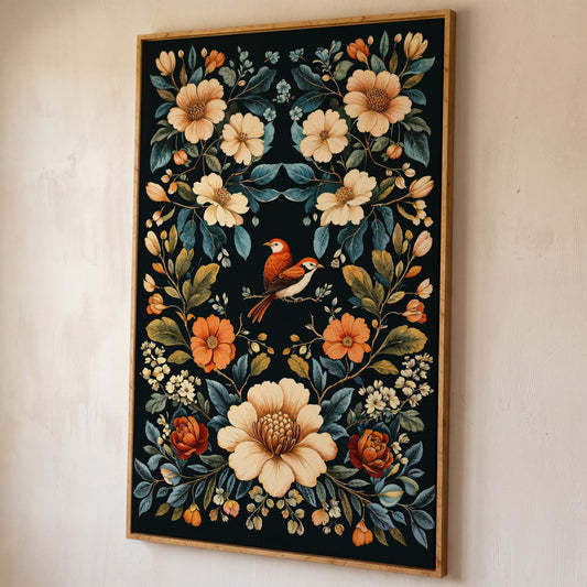 Botanical Bird and Floral Canvas Print shown in white oak floating frame
