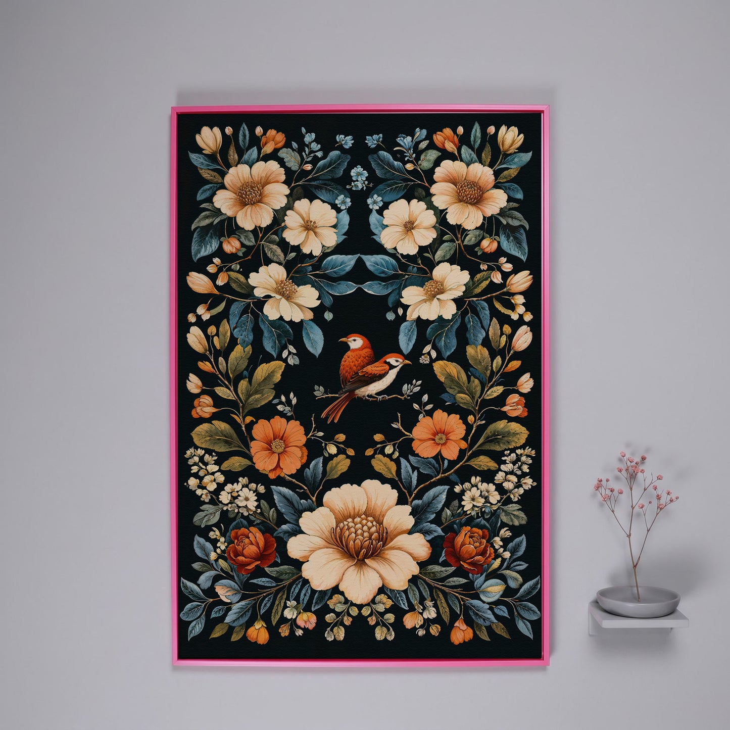 Botanical Bird and Floral Canvas Print in pink floating frame