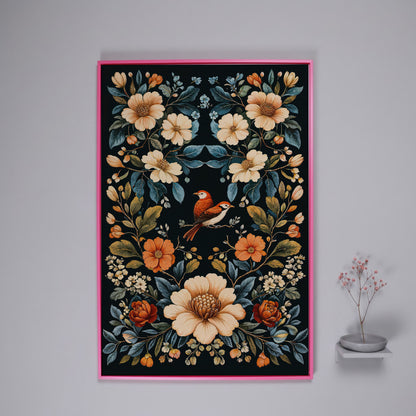 Botanical Bird and Floral Canvas Print in pink floating frame