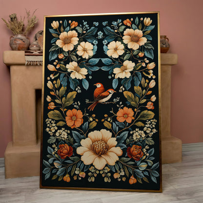 Botanical Bird and Floral Canvas Print in rose gold floating frame