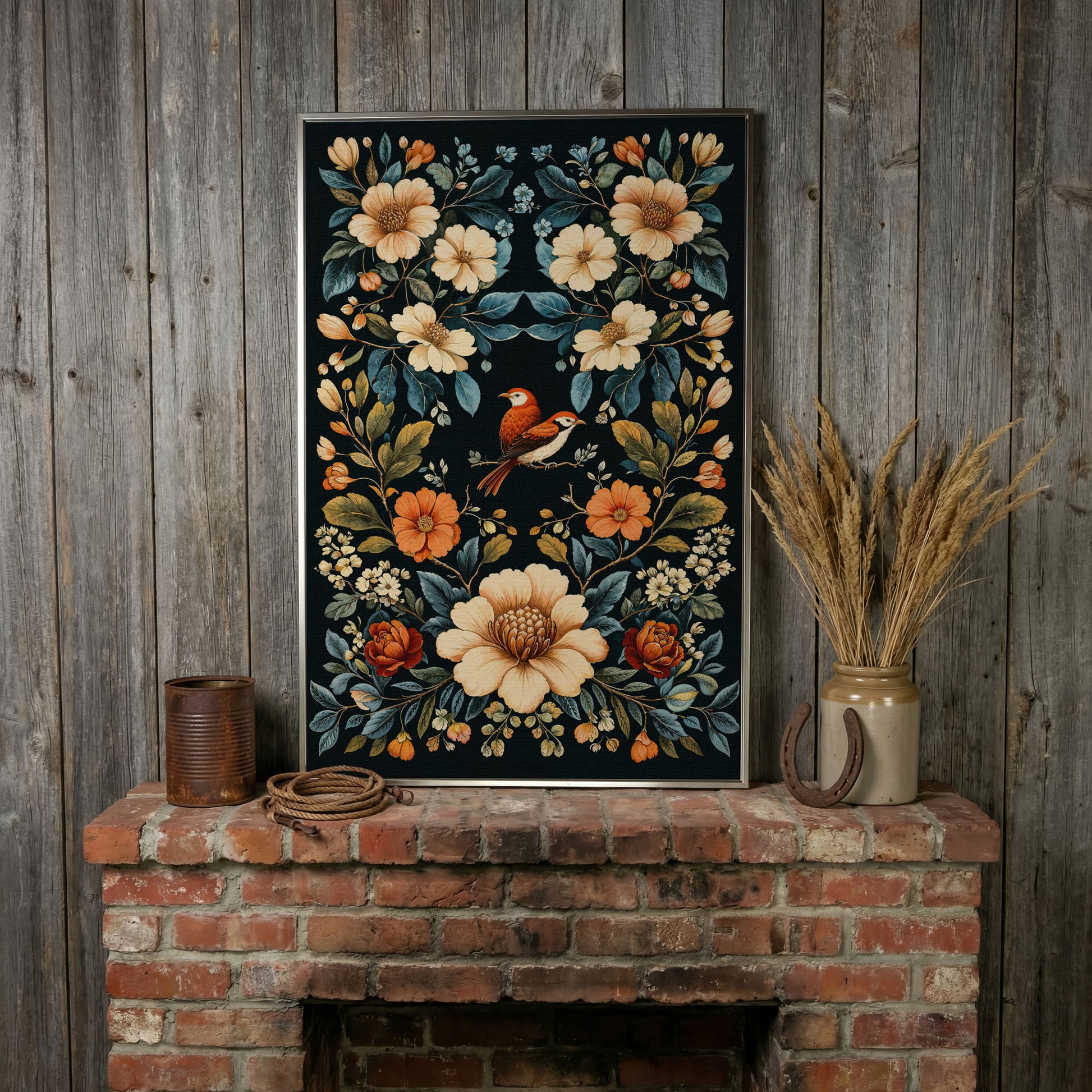 Botanical Bird and Floral Canvas Print in silver floating frame