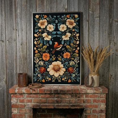 Botanical Bird and Floral Canvas Print in silver floating frame