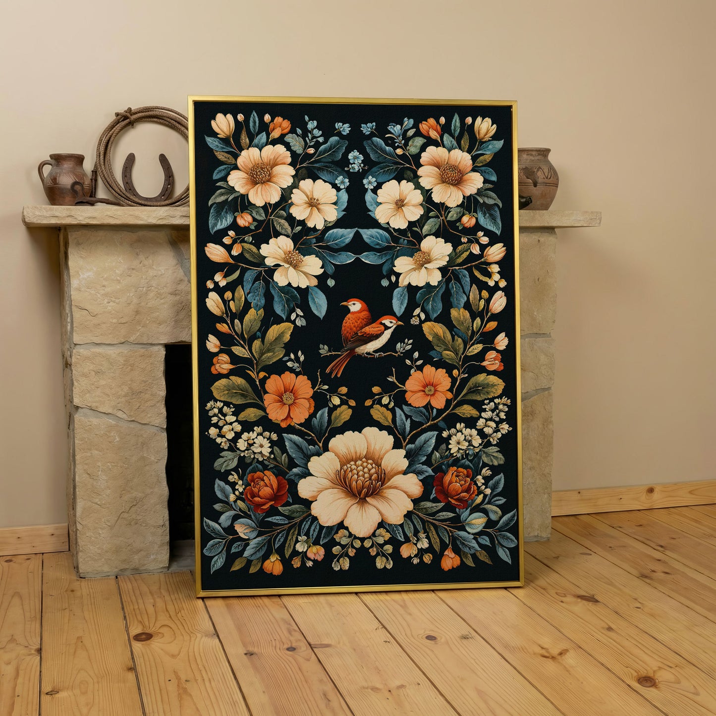 Botanical Bird and Floral Canvas Print in yellow gold floating frame